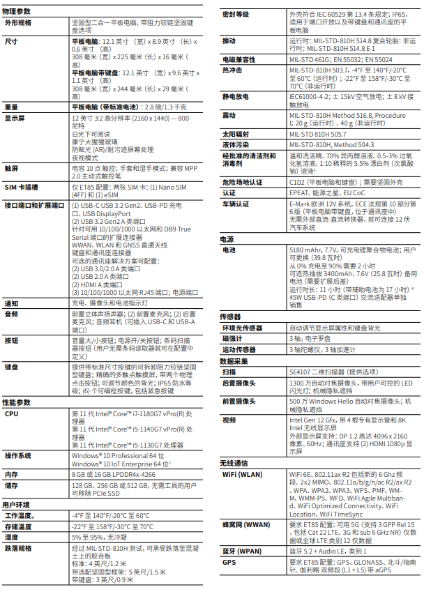 斑馬T80/ET85工業(yè)平板電腦詳細(xì)參數(shù)